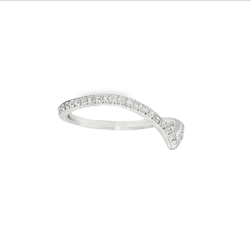 White gold wishbone wedding band with small diamonds in a curved design.