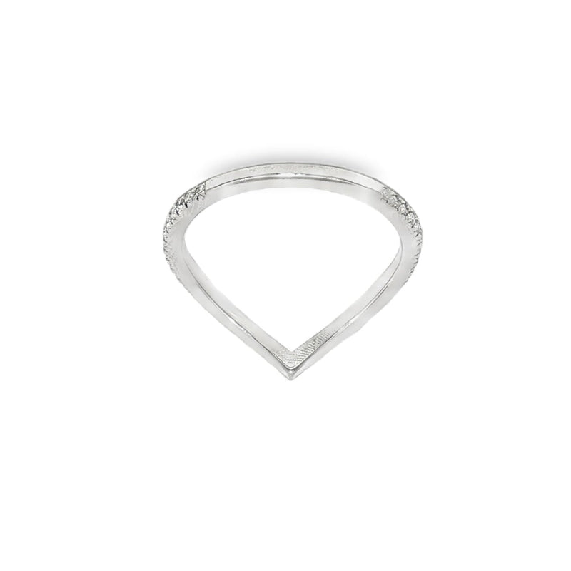 White gold wishbone wedding band with small diamonds in a curved design.