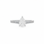 Pear-shaped diamond engagement ring in yellow gold with detailed band accents.