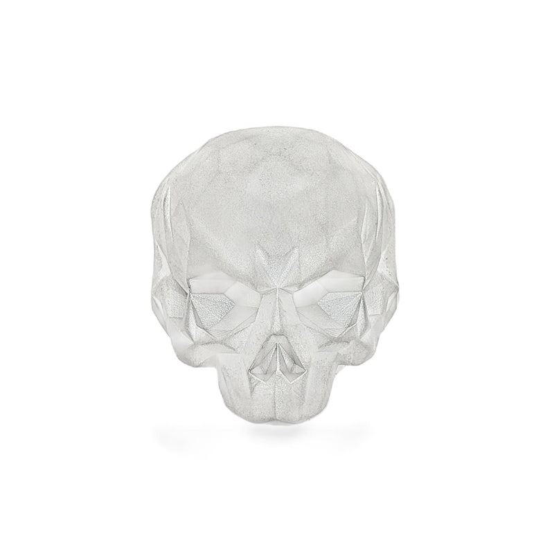 Sterling silver ring featuring a faceted skull design with angular, geometric surfaces across the head