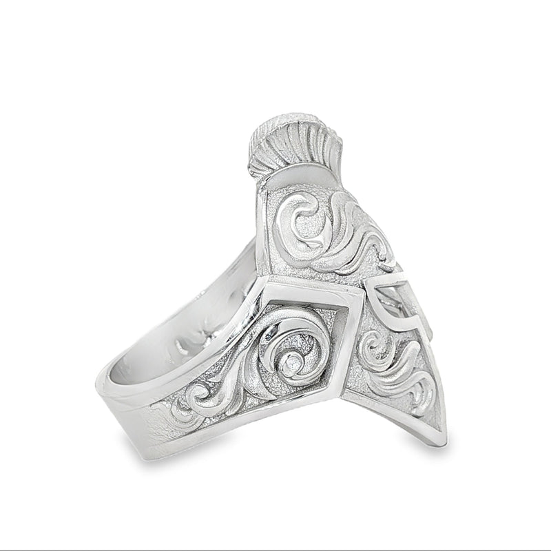 Sterling silver ring featuring a Trojan-style warrior helmet 