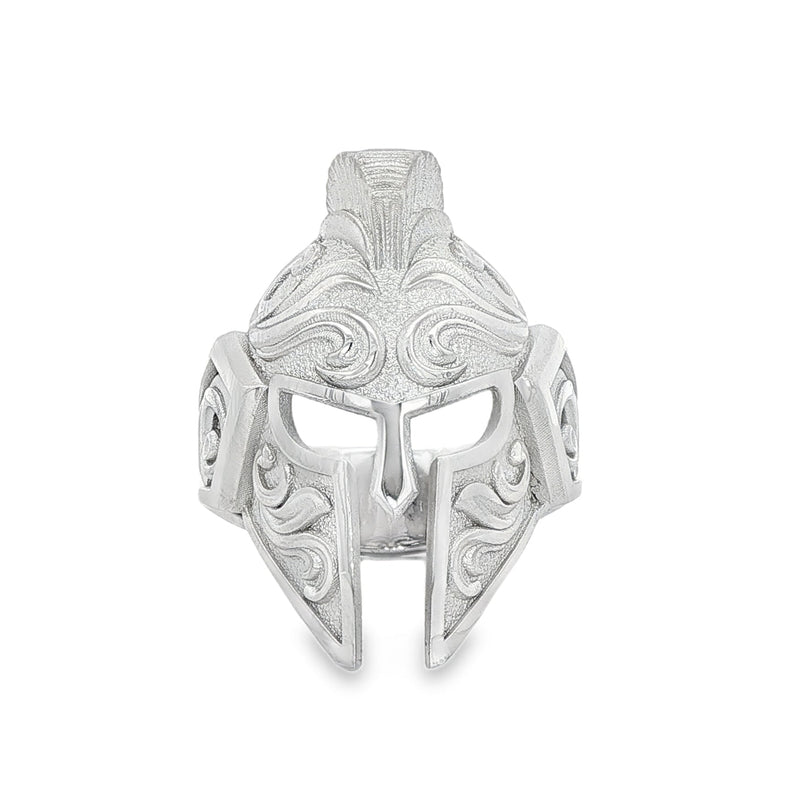 Sterling silver ring featuring a Trojan-style warrior helmet 