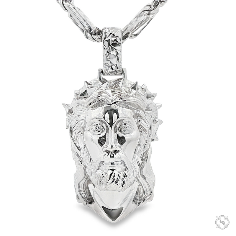 925 Silver Spikes Crown Jesus Head Pendant & Milano Rope chain Set