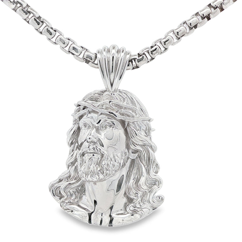 925 silver Jesus pendant with detailed face and heavy round box chain necklace.