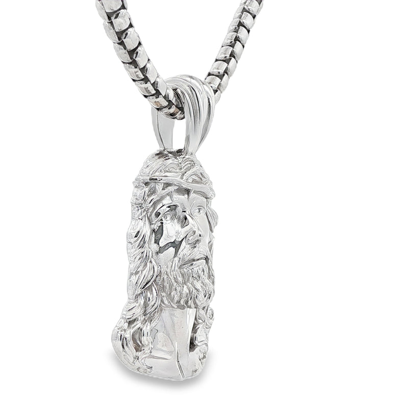 925 silver Jesus head pendant with detailed crown of thorns on a heavy round box chain.