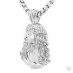 Sterling silver Jesus pendant with detailed crown of thorns on heavy round box chain.