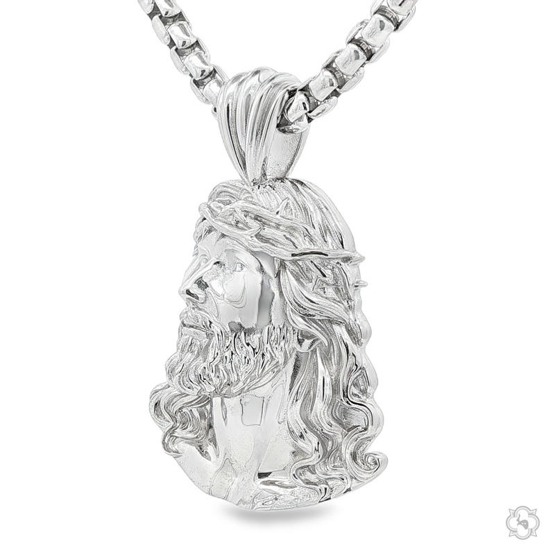 Sterling silver Jesus pendant with detailed crown of thorns on heavy round box chain.