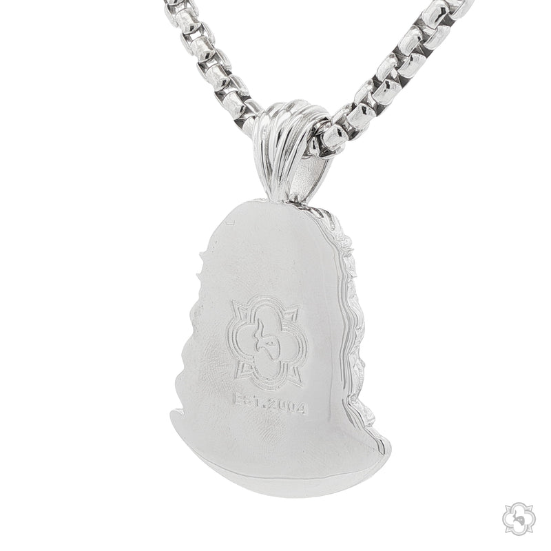 Sterling silver Jesus pendant with detailed edges on a heavy round box chain.