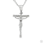 Silver Jesus crucifix pendant on a 22-inch Cuban curb chain.