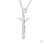 Polished silver crucifix pendant with detailed Jesus figure on silver Cuban curb chain.