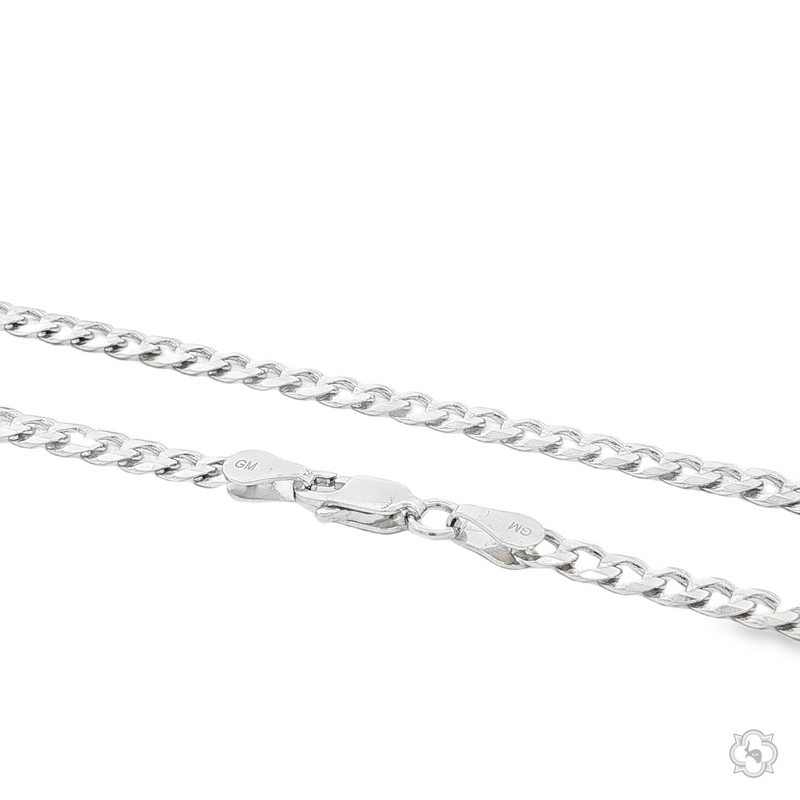 Silver Cuban curb chain with polished interlocking links and lobster clasp closure.