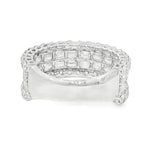 Silver band ring with three rows of rectangular baguette diamonds in a cluster design.