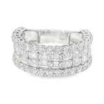 Wide diamond baguette cluster band ring in polished white gold with round diamond accents.