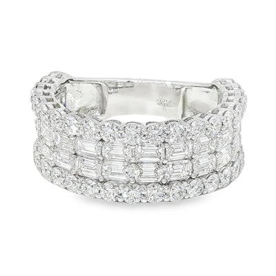 Wide diamond baguette cluster band ring in polished white gold with round diamond accents.
