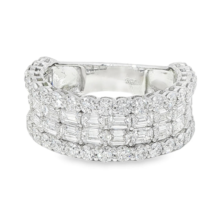 Wide diamond baguette cluster band ring in polished white gold with round diamond accents.