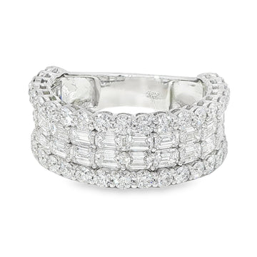 Wide diamond baguette cluster band ring in polished white gold with round diamond accents.