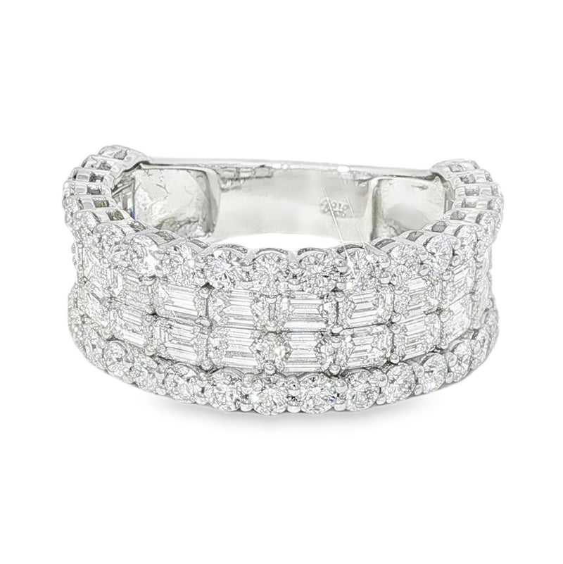 Wide diamond baguette cluster band ring in polished white gold with round diamond accents