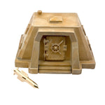 Gold bunker-shaped custom set with secure vault door and pen accessory.