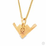 Gold-tone B-2 Bomber pendant with engraved logo on double curb chain necklace.