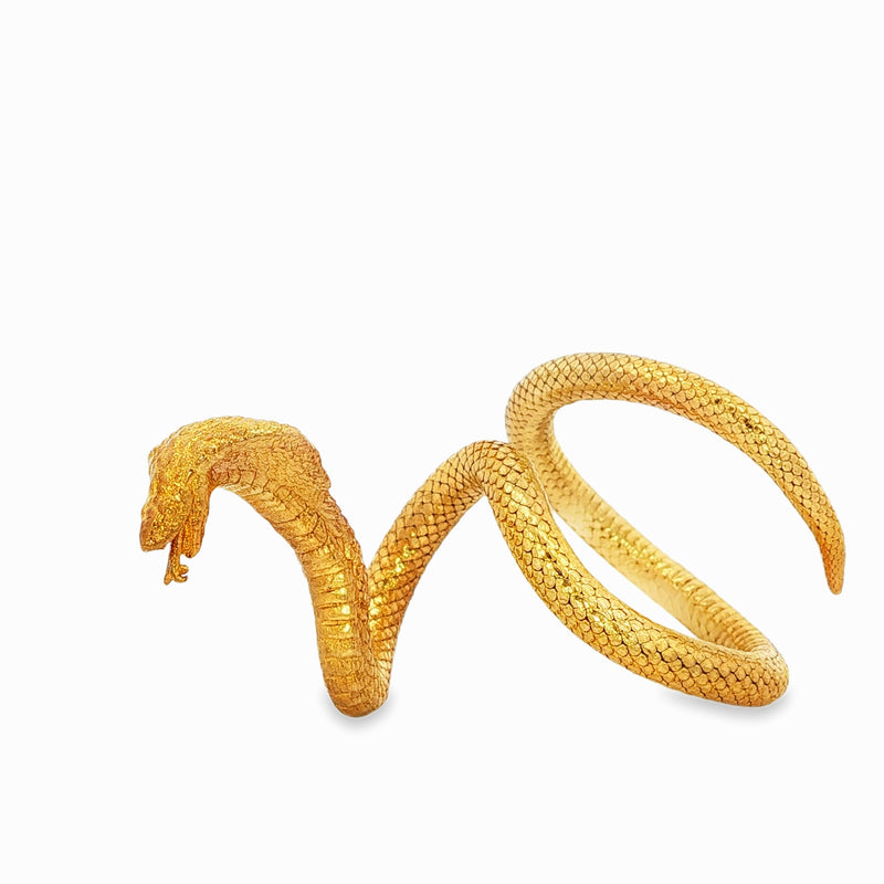 24k gold ring shaped as a coiled cobra with detailed scales and open mouth.