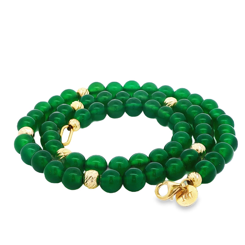 Green agate gemstone necklace with gold beads and clasp, 16-inch length.