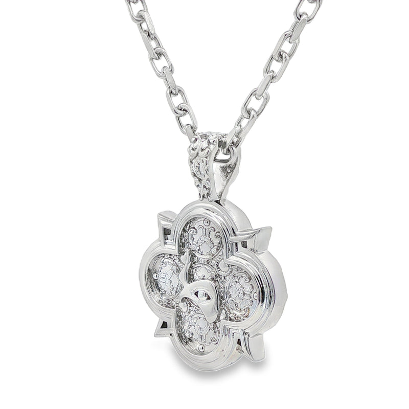 Silver pendant shaped like a clover with sparkling round cubic zirconia stones on a chain.