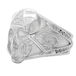 Silver skull ring with all-seeing eye pyramid and geometric details, matte finish.