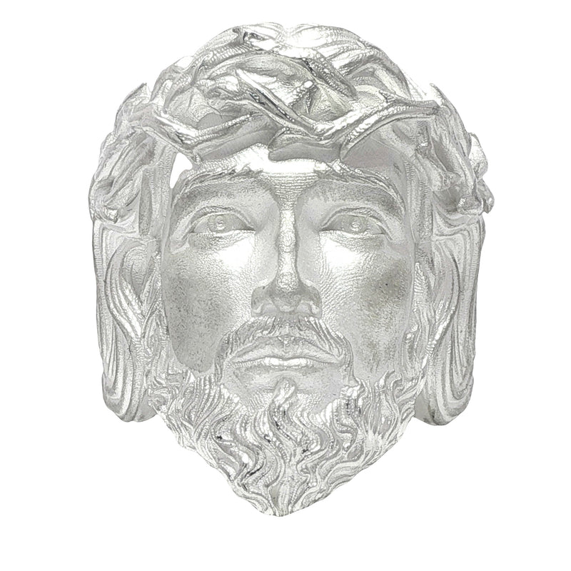 Silver Jesus face ring with detailed crown of thorns and textured beard.