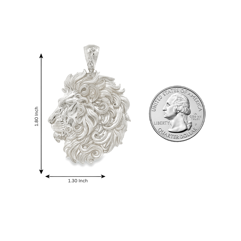 Intricately detailed silver lion head pendant with flowing mane, elegant and masculine design.