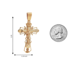 Gold crucifix pendant with detailed Jesus figure and ornate cross design, 2.25 x 1.15 inches.