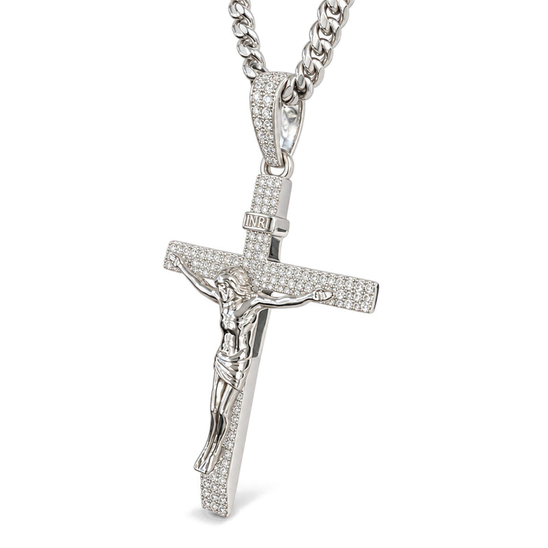 .925 Silver Crucifix Jesus Diamond Pendant & Miami Cuban Chain 71694 - TRAX2