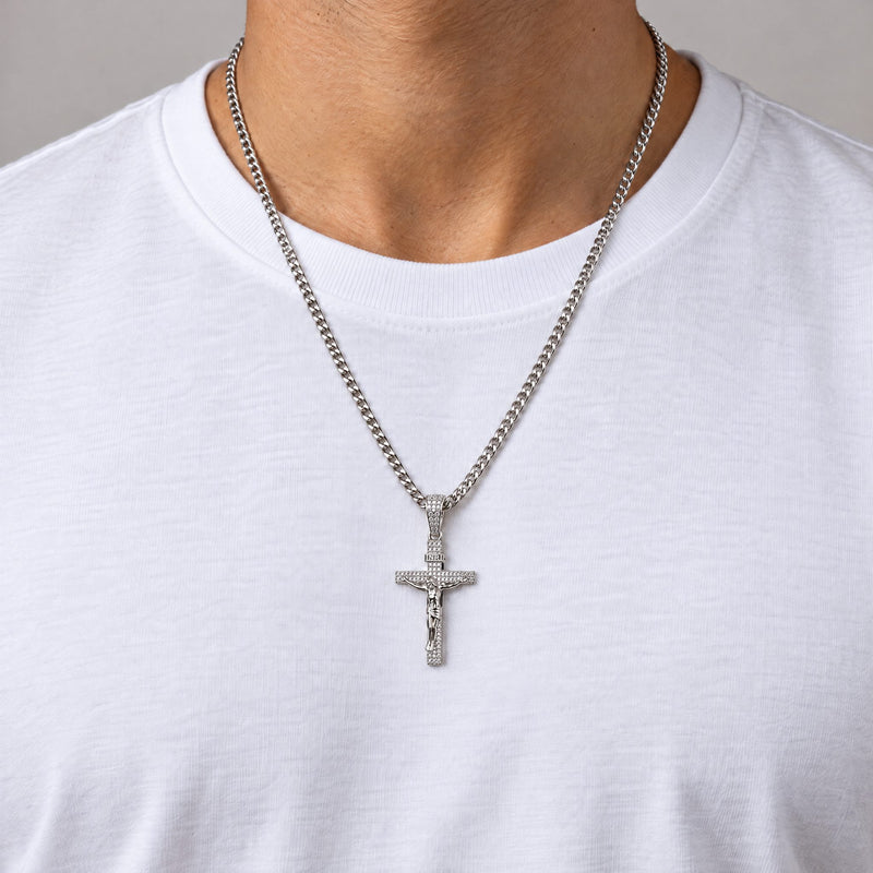 .925 Silver Crucifix Jesus Diamond Pendant & Miami Cuban Chain 71694 - TRAX5