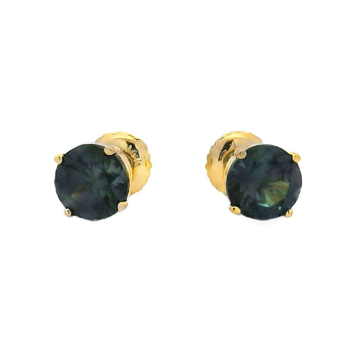 Yellow gold stud earrings with round dark green alexandrite gemstones.
