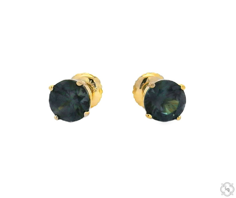 Yellow gold stud earrings with round dark green alexandrite gemstones