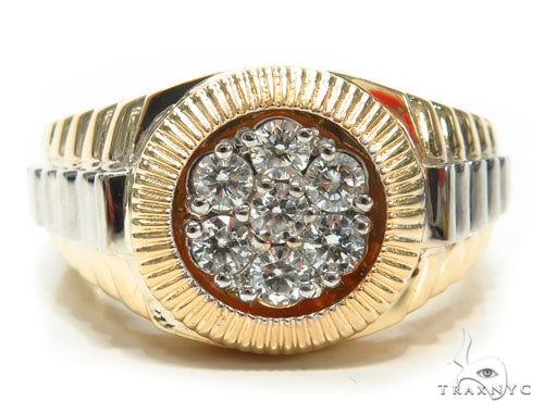 Yellow gold men's ring with clustered round diamonds and textured bezel detailing