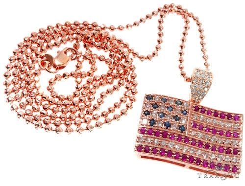 American flag moon cut diamond pendant set in 14k rose gold, front-facing view showing patriotic motif and diamond detailing