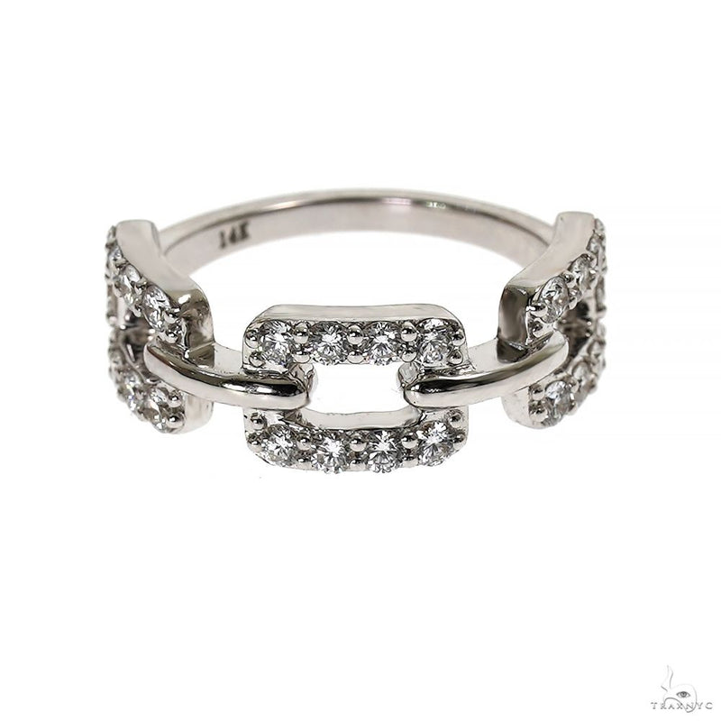 White gold diamond ring with linked rectangular chain design and pavé-set diamonds