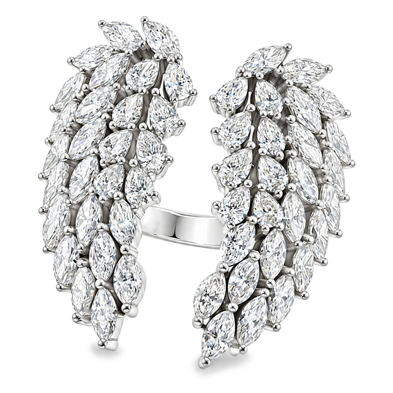 10K white gold lab-grown diamond angel wing ring, angled front view