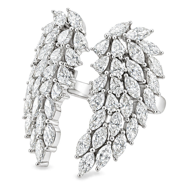 10K white gold lab-grown diamond angel wing ring, left angle showing marquise and pear diamond feathers