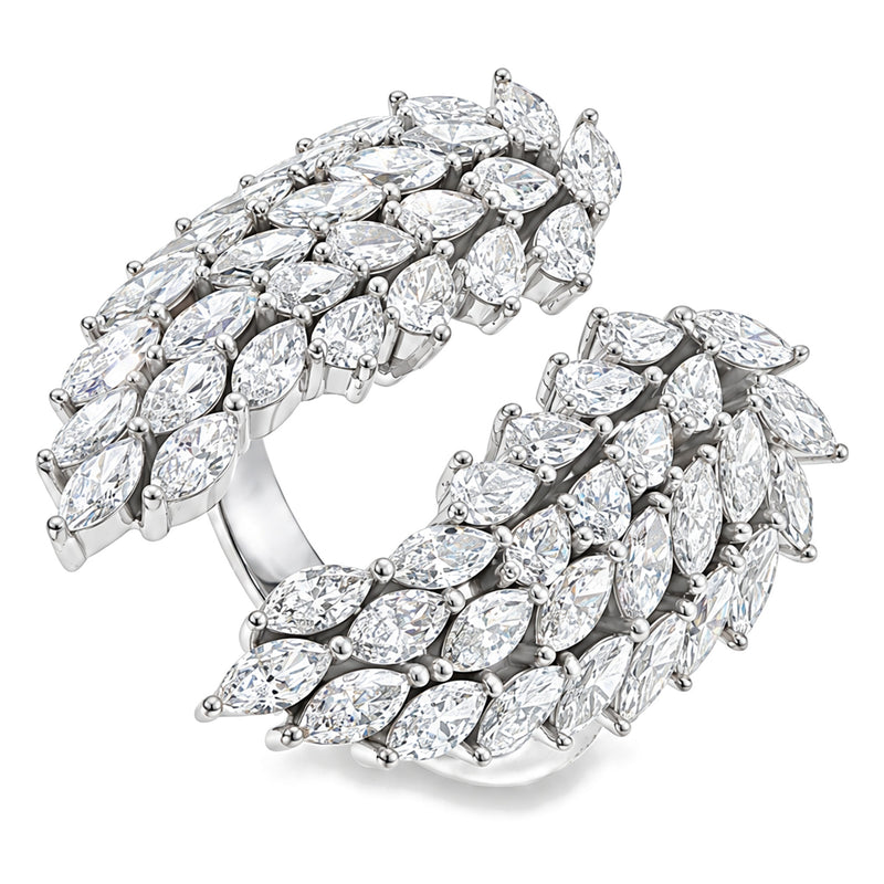 10K white gold lab-grown diamond angel wing ring, top view of the wings