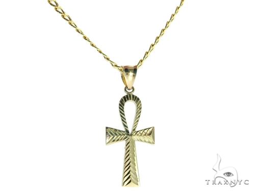 Yellow gold Ankh pendant with textured design on a 20-inch hollow Cuban chain