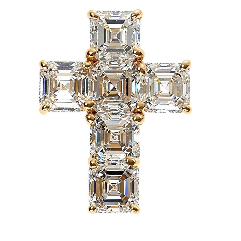 Asscher cut diamond cross pendant in white gold – front-facing view showing step-cut facet detail