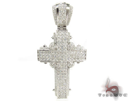 14K white gold cross pendant with prong-set round diamonds across both arms