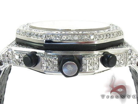 Audemars Piguet Royal Oak men's watch with diamond bezel and silver chronograph dial.