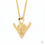 Gold B-2 bomber pendant with black diamond accent on gold chain necklace.