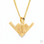 Gold pendant shaped like a B-2 bomber with black diamond accent on a matching chain.