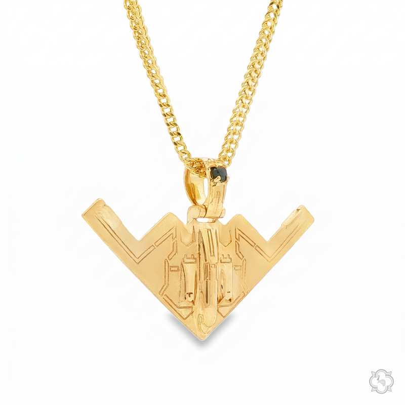 Gold pendant shaped like a B-2 bomber with black diamond accent on a matching chain.