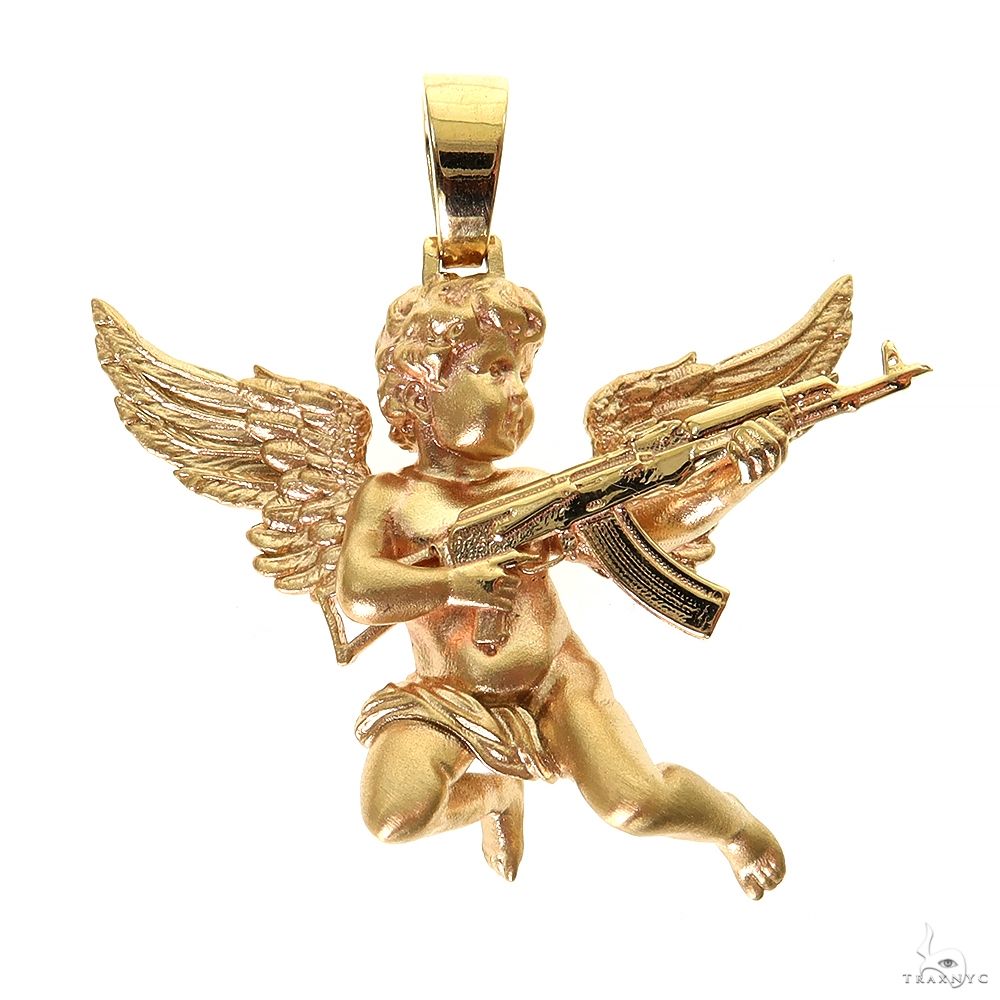 14K Gold Baby Angel with AK Gun Pendant Small | TraxNYC