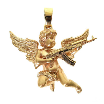 Gold angel pendant holding an AK-47 gun with detailed wings and flowing cloth.