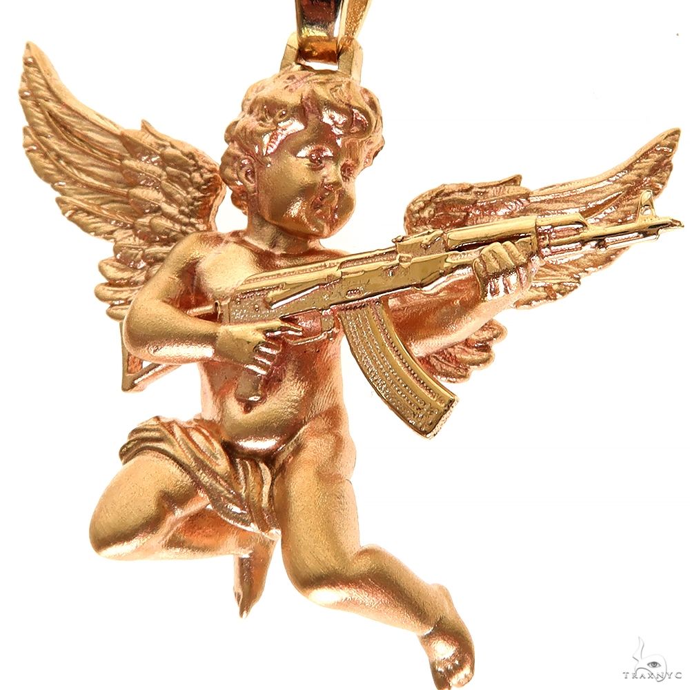 14K Gold Baby Angel with AK Gun Pendant Small | TraxNYC